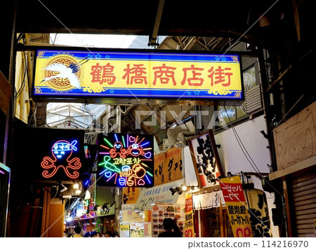 大阪市東成區鶴橋商店街拱廊內充滿活力的招牌風景 大阪市東成區鶴橋商店街拱廊內充滿活力的招牌風景 114216970