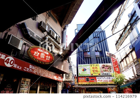 大阪市天王寺區鶴橋商店街拱廊內充滿活力的招牌景觀 大阪市天王寺區鶴橋商店街拱廊內充滿活力的招牌景觀 114216979