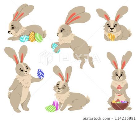 Easter bunny. Rabbit character set. Animal wildlife holidays cartoon. Rabbit or hare, spring festive animal. Vector illustration EPS10 Easter bunny. Rabbit character set. Animal wildlife holidays cartoon. Rabbit or hare, spring festive animal. Vector illustration EPS10 114216981