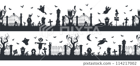 Cemetery view seamless borders. Spooky halloween creepy cemetery decorations, spooky grave stones, bats, scary trees and ghosts flat vector illustration set. Sinister landscape endless silhouettes 114217002