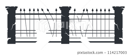 Creepy cemetery fence. Halloween spooky haunted cemetery gates silhouette, horror halloween decorations flat vector illustration. Graveyard fence silhouette 114217003