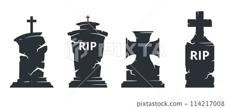 Halloween grave stones silhouettes. Cemetery creepy gravestones, Halloween tombstones with crosses flat vector illustration set. Horror spooky gravestones Halloween grave stones silhouettes. Cemetery creepy gravestones, Halloween tombstones with crosses flat vector illustration set. Horror spooky gravestones 114217008