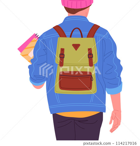 Male student with backpack. Guy wearing school bag, male student carrying backpack back view flat vector illustration. Young man with backpack view from back Male student with backpack. Guy wearing school bag, male student carrying backpack back view flat vector illustration. Young man with backpack view from back 114217016