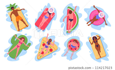 People on inflatable rings. Male and female characters floating on rubber rings or mattresses in swimming pool or sea flat vector illustration set. Cartoon people sunbathing on inflatable toys People on inflatable rings. Male and female characters floating on rubber rings or mattresses in swimming pool or sea flat vector illustration set. Cartoon people sunbathing on inflatable toys 114217023