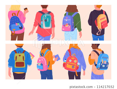 Students with backpacks back view. Teenage people wearing backpacks with school supplies, school bags with books, charms and patches flat vector illustration set. School kids backpacks back view 114217032