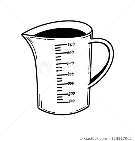 Measuring cup in vector format for kitchen design. The glass is drawn in vector with a black outline on a white background. Suitable for kitchen design, textiles, paper, scrapbooking, creativity. 114217062