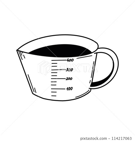Measuring cup in vector format for kitchen design. The glass is drawn in vector with a black outline on a white background. Suitable for kitchen design, textiles, paper, scrapbooking, creativity. 114217063