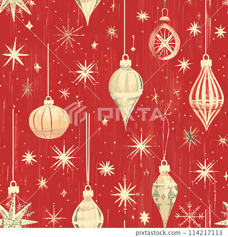 vintage christmas pattern. seamless print with a red background and Christmas tree toys and stars. retro style 114217113