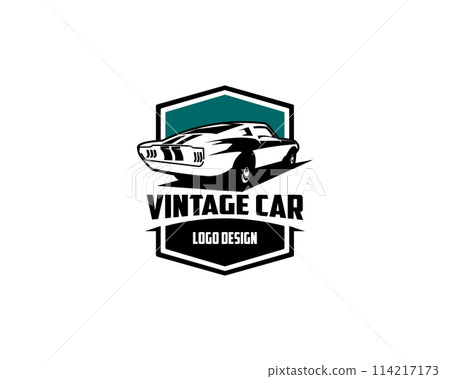 Old 1968 Mustang 390 car silhouette logo concept emblem badge concept isolated dark blue sky view. available in eps 10. 114217173