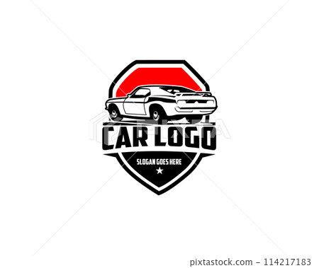 1968 Mustang 390 car silhouette logo concept emblem isolated 1968 Mustang 390 car silhouette logo concept emblem isolated 114217183