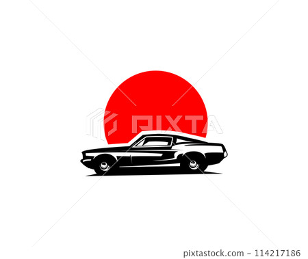 1968 Mustang 390 car. vintage car logo silhouette. isolated white background view from side. Best for logo, badge, emblem, icon, sticker design 114217186
