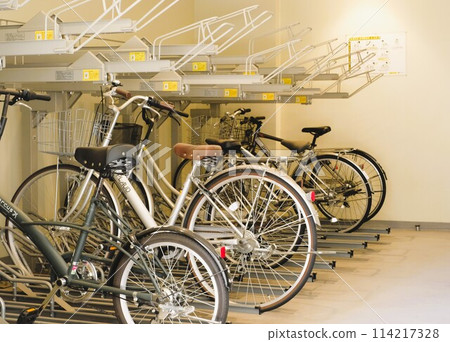 Bicycle parking lot in apartment building Bicycle parking lot in apartment building 114217328