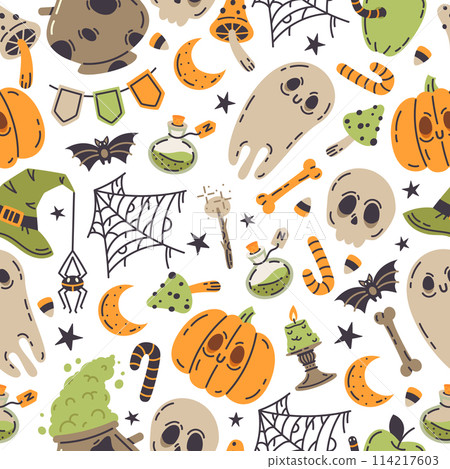 Halloween seamless pattern. Spooky October holidays symbols endless design, ghost, pumpkin, skull and witch poison cauldron flat vector background illustration. Hand drawn scary autumn pattern 114217603