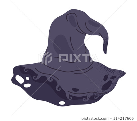 Halloween witch hat. Halloween torn magician hat, old spooky wizard hat flat vector illustration. October party magician pointy hat on white 114217606