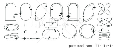 Modern y2k frames. Minimalist abstract shapes with stars and sparkles, trendy y2k aesthetic shapes, outline arch frames flat vector illustration set. Geometric design frames Modern y2k frames. Minimalist abstract shapes with stars and sparkles, trendy y2k aesthetic shapes, outline arch frames flat vector illustration set. Geometric design frames 114217612