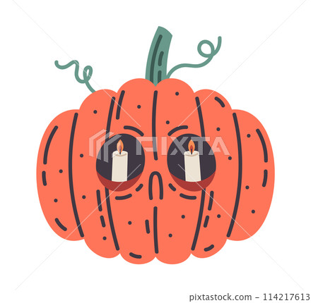Pumpkin jack-o-lantern. Spooky carved pumpkin, Halloween holidays vegetable, cute scary pumpkin face flat vector illustration. Halloween pumpkin on white Pumpkin jack-o-lantern. Spooky carved pumpkin, Halloween holidays vegetable, cute scary pumpkin face flat vector illustration. Halloween pumpkin on white 114217613