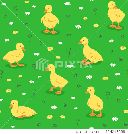 Cute little goslings playing in green meadow. Seamless background pattern. Hand drawn cartoon baby goose in different poses having fun in green grass. Vibrant wallpaper or textile pattern for kids 114217668