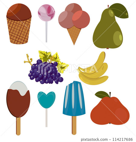 a set of illustrations of fruits, ice cream and lollipops 114217686