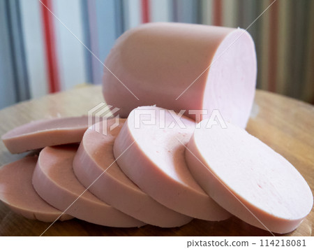 Meat Delicacy Close-Up. Close-up of sausage slices, perfect for food ads. Meat Delicacy Close-Up. Close-up of sausage slices, perfect for food ads. 114218081