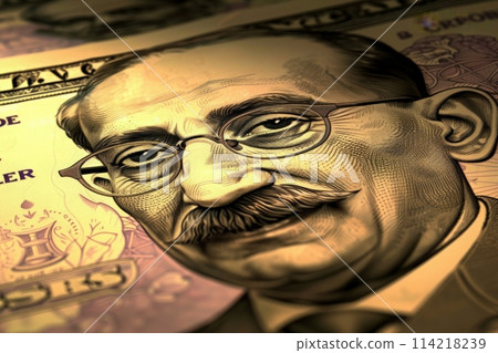 An array of Indian banknotes with a prominent portrait of Gandhi, glowing amidst the golden chaos. 114218239
