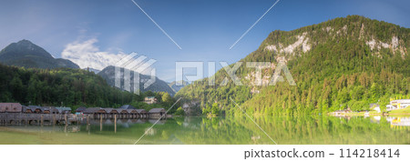 Passenger boat station, pier or dock on Konigsee lake in Berchtesgaden, Germany 114218414