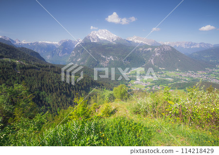 View of mountain valley near Jenner mount in Berchtesgaden National Park, Alps View of mountain valley near Jenner mount in Berchtesgaden National Park, Alps 114218429