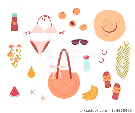 Set of cute summer elements with swimsuit bag food fruits beach accessories. Bright summertime flat vector collection for design or scrapbooking. 114218456