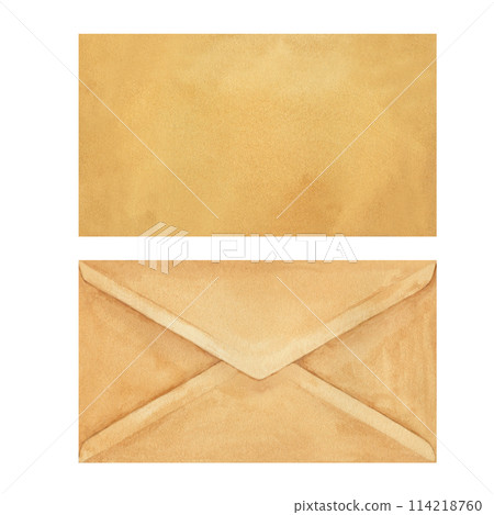 Old mailing empty envelope made of beige parchment paper from a vintage writing set. Watercolor illustration for a template for Book Day, History Knowledge Day, antique store, calligrapher 114218760