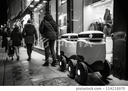 Autonomous robotic courier stand by the entrance of a store 114218970