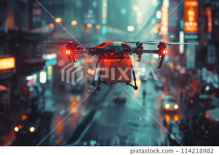 A robotic delivery drone with a delivery box package 114218982