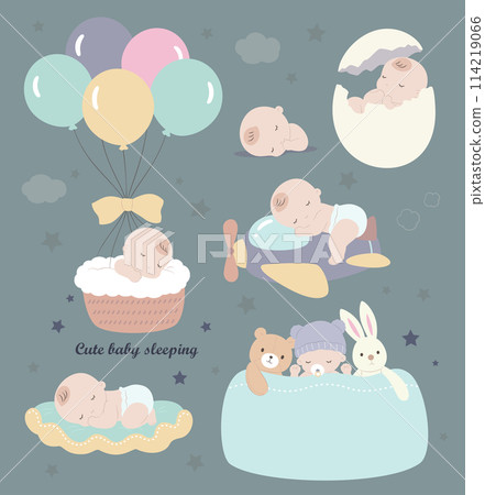 Various scenes of babies sleeping, such as balloons, airplanes, eggshells, etc. 114219066
