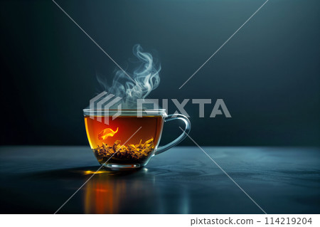 Steaming glass cup of tea with loose leaves on a dark background with copy space Steaming glass cup of tea with loose leaves on a dark background with copy space 114219204