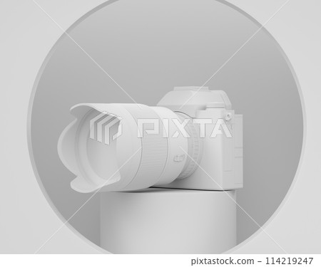 Abstract scene or podium with nonexistent DSLR camera and lens on monochrome Abstract scene or podium with nonexistent DSLR camera and lens on monochrome 114219247