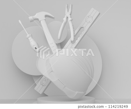 Abstract scene or podium with carpenters tools on monochrome background Abstract scene or podium with carpenters tools on monochrome background 114219249