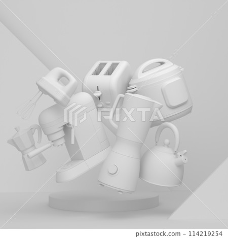 Abstract scene or podium with kitchen appliances and utensils on monochrome. Abstract scene or podium with kitchen appliances and utensils on monochrome. 114219254