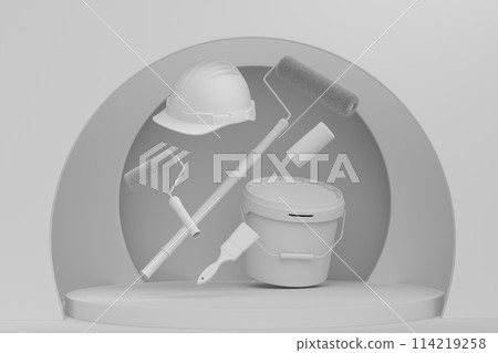 Abstract scene with safety helmet, bucket with paint rollers on monochrome 114219258