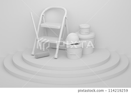 Abstract scene with folding ladder, bucket and paint roller on monochrome 114219259