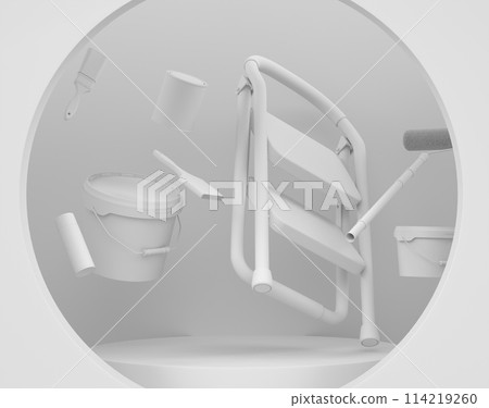 Abstract scene with folding ladder, bucket and paint roller on monochrome Abstract scene with folding ladder, bucket and paint roller on monochrome 114219260