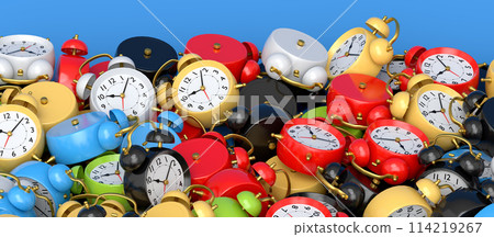 Pile of alarm clocks on blue background. 3d render of wake up time 114219267