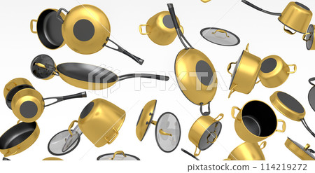 Many of flying frying pan with glass lid on white background, non-stick Many of flying frying pan with glass lid on white background, non-stick 114219272