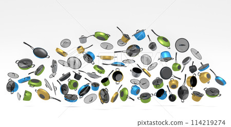 Many of flying frying pan with glass lid on white background, non-stick 114219274