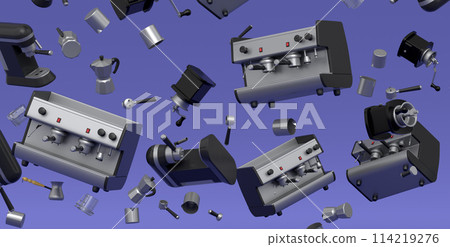 Many of flying espresso machine with horn, cups, geyser coffee maker and grinder 114219276