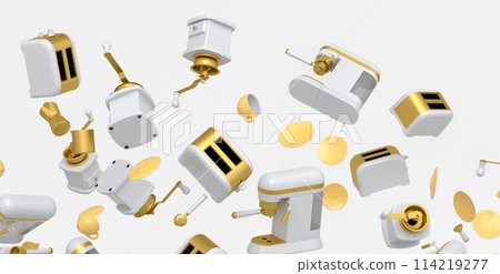 Many of flying espresso machine with horn, cups, geyser coffee maker and grinder 114219277