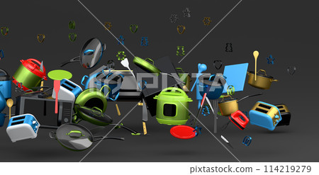 Electric kitchen appliances and utensils for making pastry on black background 114219279