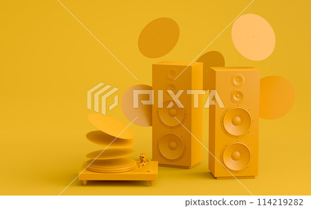 Set of Hi-fi speakers and DJ turntable for sound recording studio on monochrome Set of Hi-fi speakers and DJ turntable for sound recording studio on monochrome 114219282