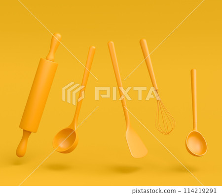 Wooden kitchen utensils, tools and equipment on yellow monochrome background. Wooden kitchen utensils, tools and equipment on yellow monochrome background. 114219291