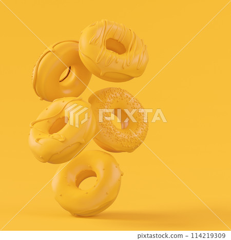 Chocolate glazed donut with sprinkles on plain monochrome yellow color 114219309