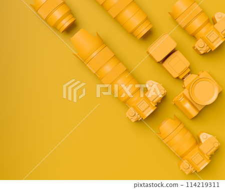 Top view of designer workspace and photography gear on monochrome table 114219311