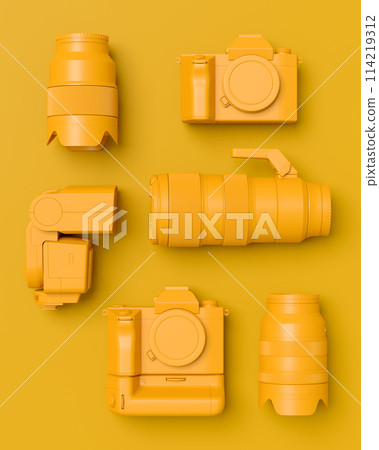 Top view of designer workspace and photography gear on monochrome table 114219312