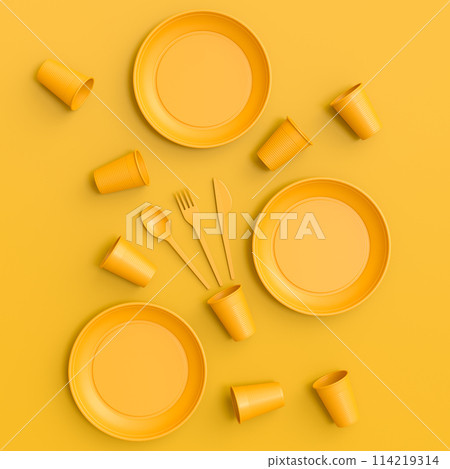 Set of disposable utensils like plate, folk, spoon,knife, cup and pepper mill 114219314